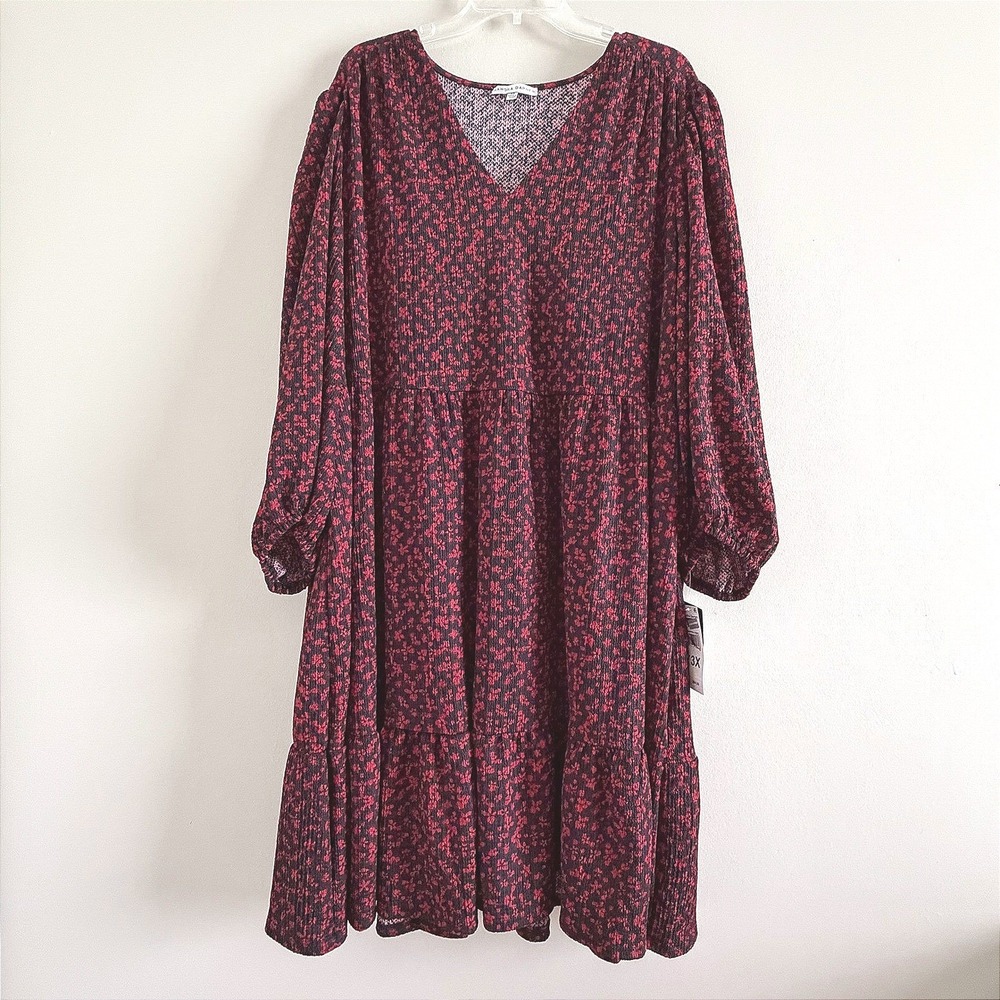 Sandra Darren Red Black Floral Crepe Tiered V-Neck boho cottagecore Dress 3X
